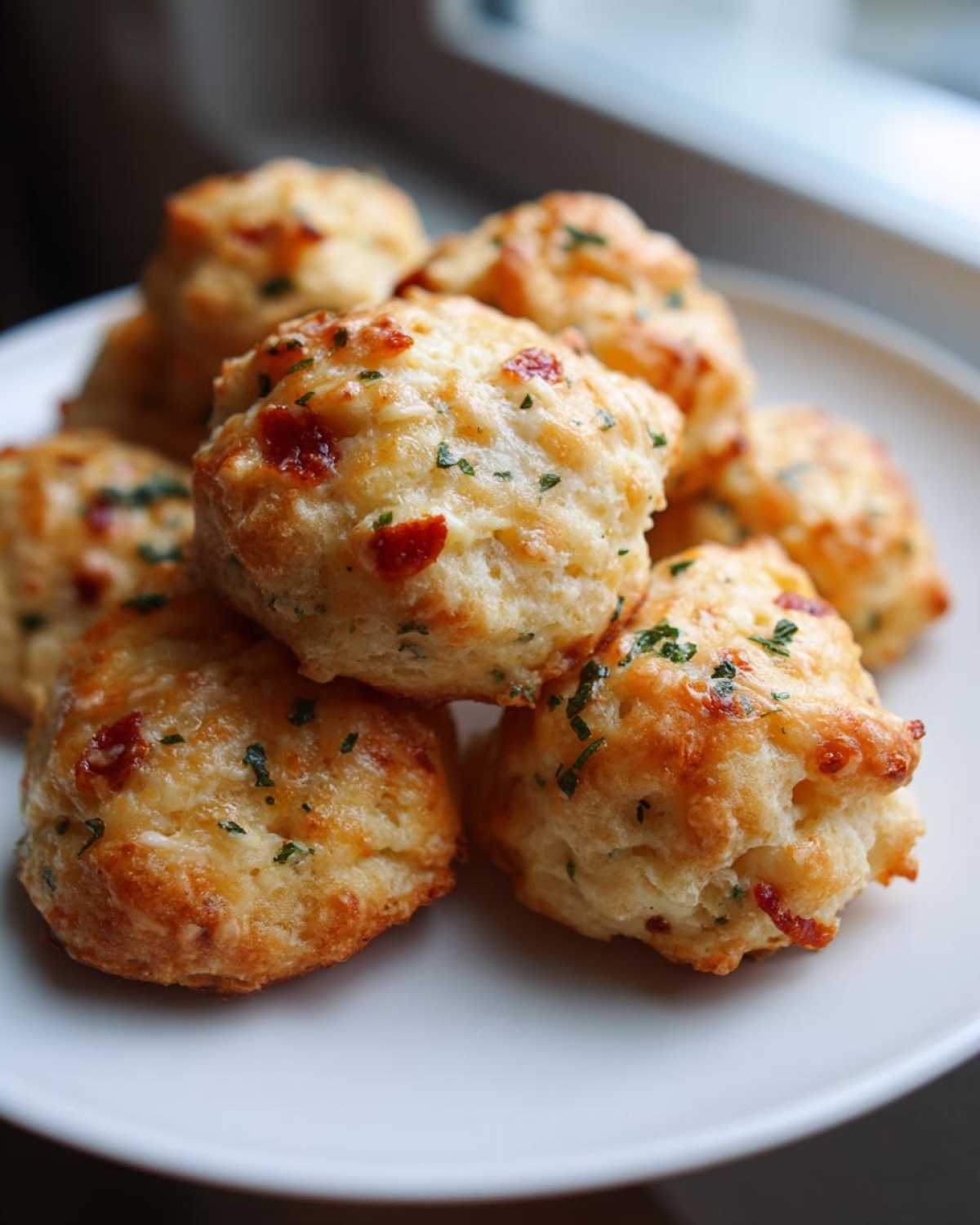 A close-up of several golden-brown, fluffy pizza bites piled on a white plate, sprinkled with herbs.