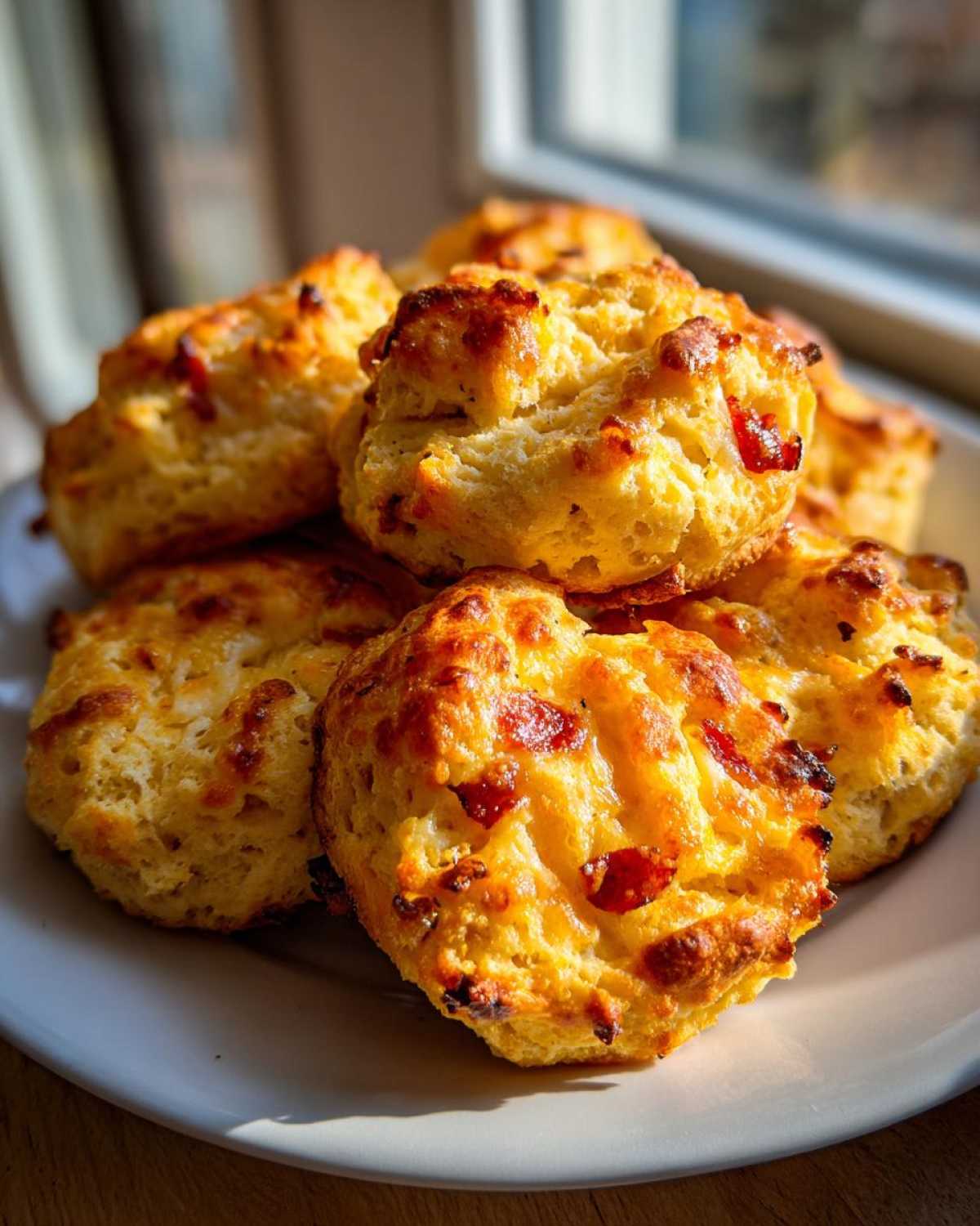 A stack of golden brown, cheesy pizza bites with visible red pepperoni pieces, illuminated by sunlight.