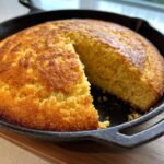 A golden brown, freshly baked skillet cornbread with one slice cut out, sitting in a black cast iron pan.