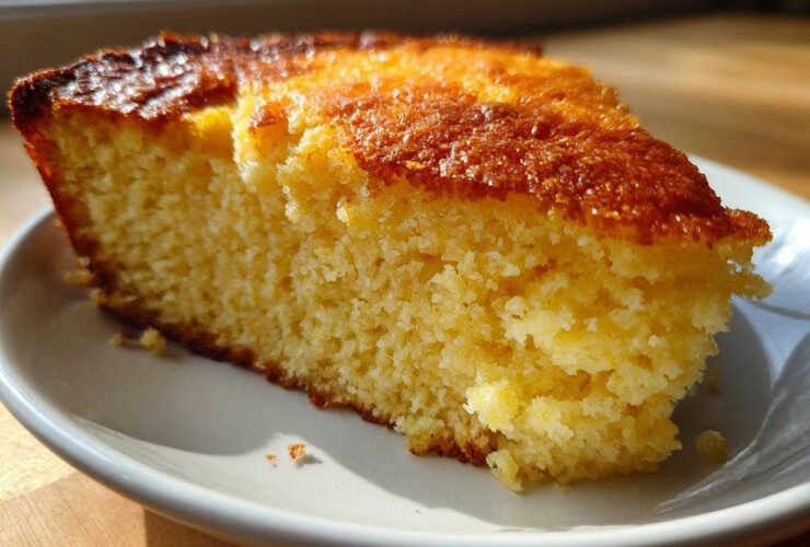 Close-up of a moist, golden slice of skillet cornbread with a dark, caramelized crust.