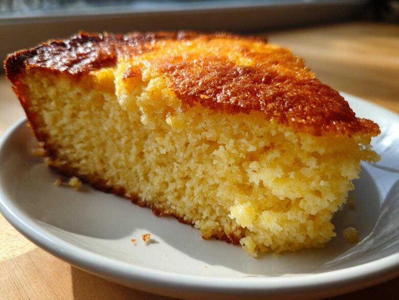 Close-up of a moist, golden slice of skillet cornbread with a dark, caramelized crust.