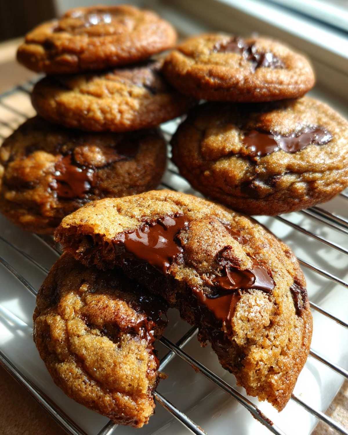 Close-up of a brown butter chocolate chip cookie broken in half showing molten chocolate center, resting on a cooling rack.