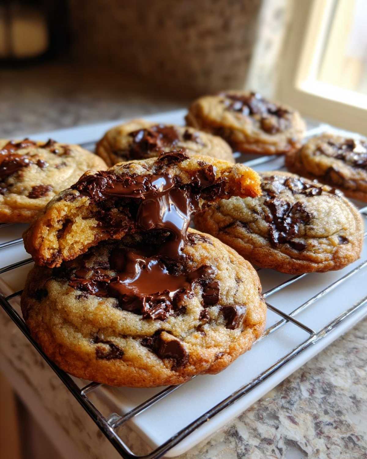 A close-up of a brown butter chocolate chip cookie being pulled apart, showing molten chocolate oozing out.