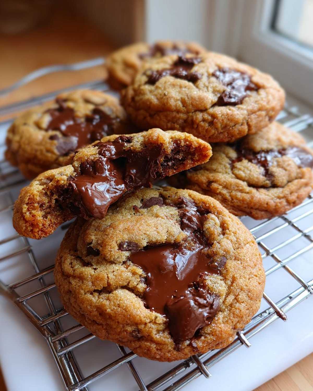 Close-up of gooey brown butter chocolate chip cookies cooling on a wire rack, one broken open showing melted chocolate.