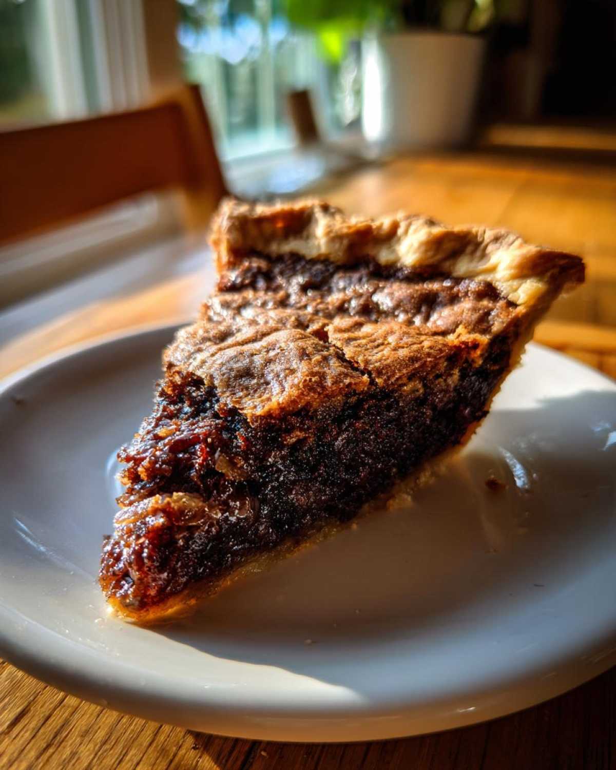 A close-up, sunlit slice of rich chocolate chess pie showing its gooey dark filling and flaky crust on a white plate.