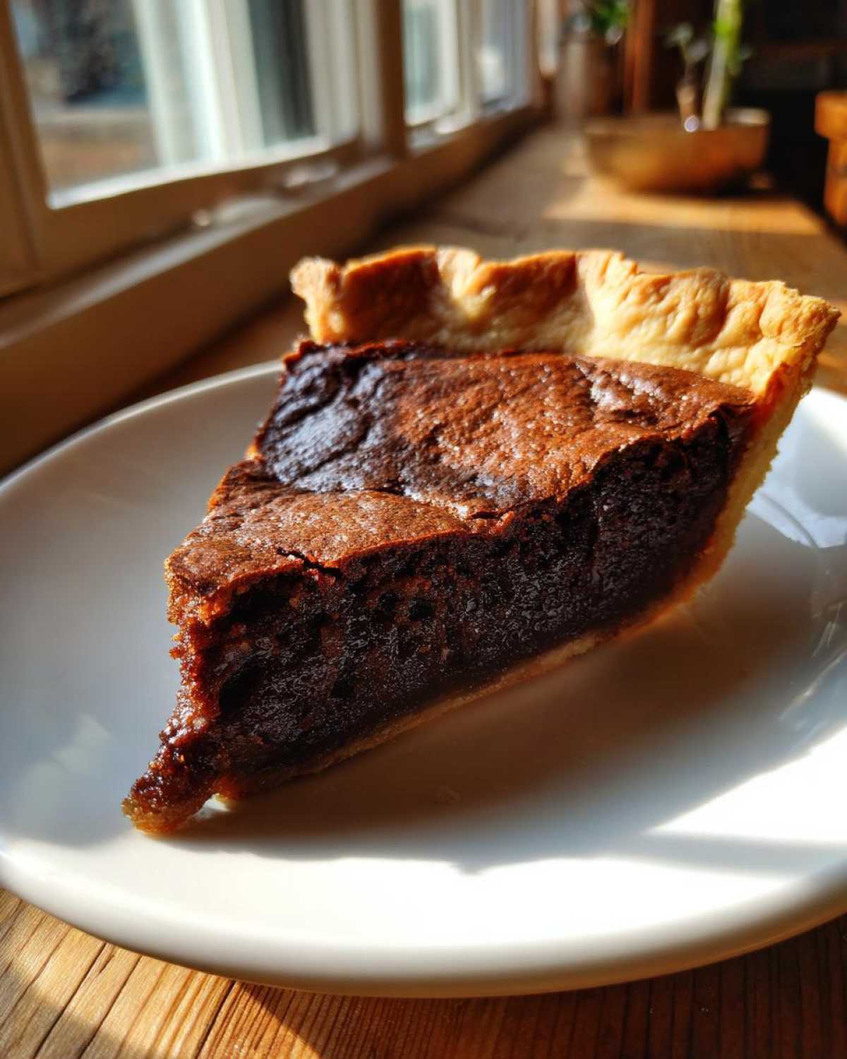 A close-up of a rich, gooey slice of chocolate chess pie resting on a white plate near a sunny window.