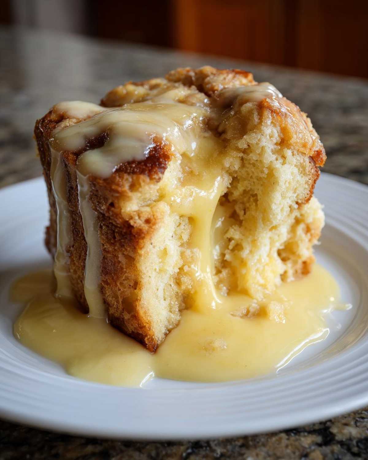A close-up of a warm, gooey slice of bread pudding drenched in rich vanilla sauce on a white plate.