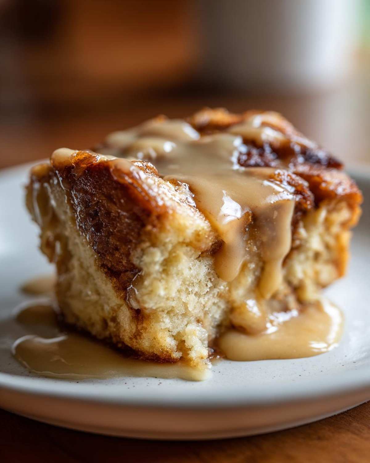 Close-up of a warm, gooey slice of bread pudding topped with rich caramel sauce.