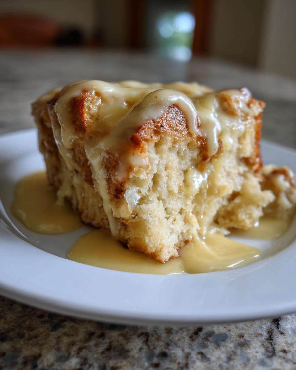 A close-up of a warm, gooey slice of bread pudding topped with vanilla sauce, served on a white plate.