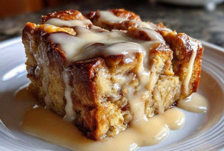 A close-up of a square slice of warm, gooey bread pudding topped generously with a vanilla glaze.