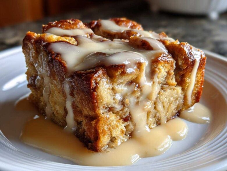 A close-up of a square slice of warm, gooey bread pudding topped generously with a vanilla glaze.
