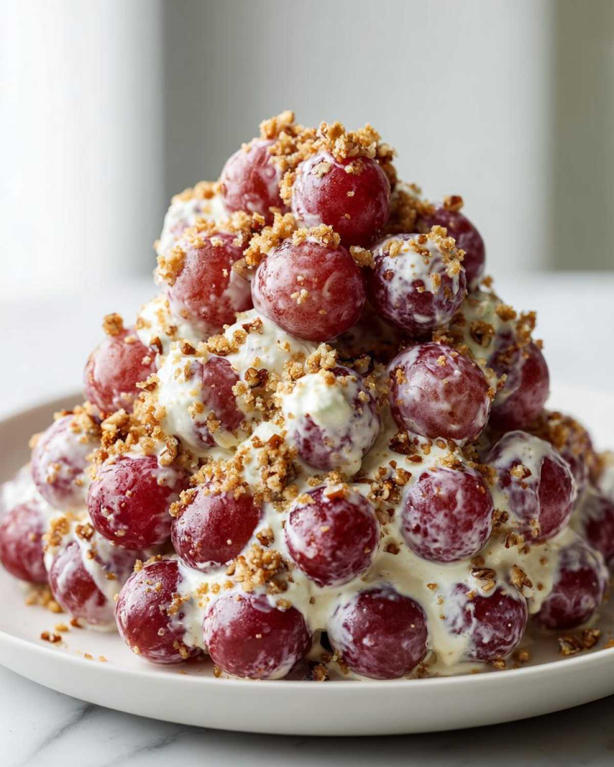 A mound of red grapes coated in creamy dressing and topped with chopped pecans, resembling a chicken salad chick grape salad.