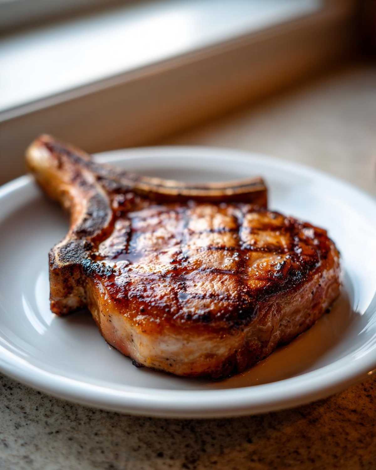 Close-up of a perfectly grilled, thick-cut bone-in pork chop showing grill marks, ready after using the best marinade for pork chops.
