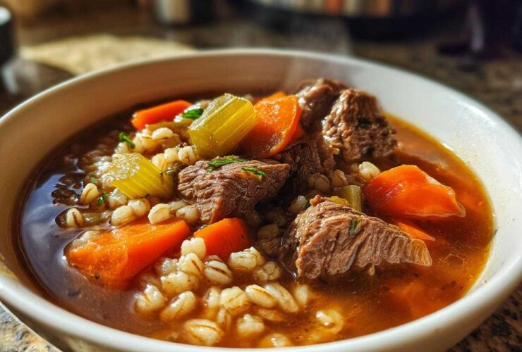 Close-up of a steaming bowl of rich beef barley soup featuring chunks of beef, carrots, and celery.