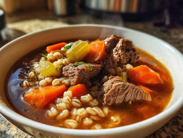 Close-up of a steaming bowl of rich beef barley soup featuring chunks of beef, carrots, and celery.