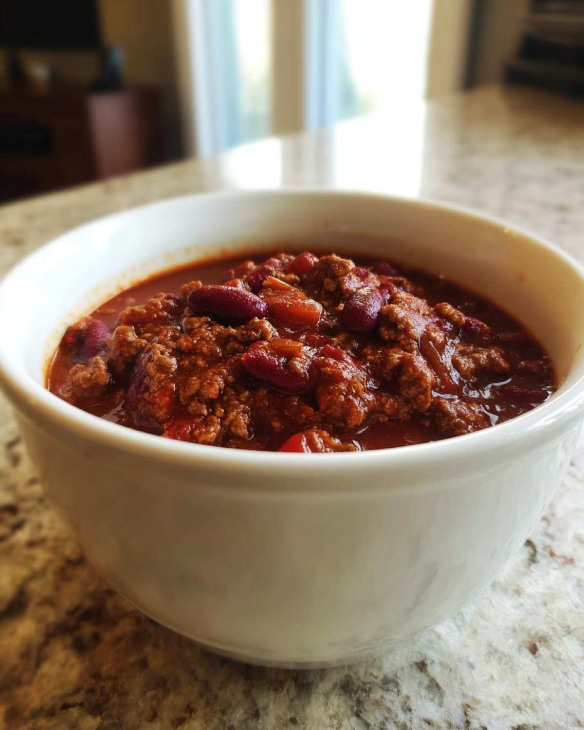 A close-up of a white bowl filled with rich, meaty crockpot chili featuring kidney beans.