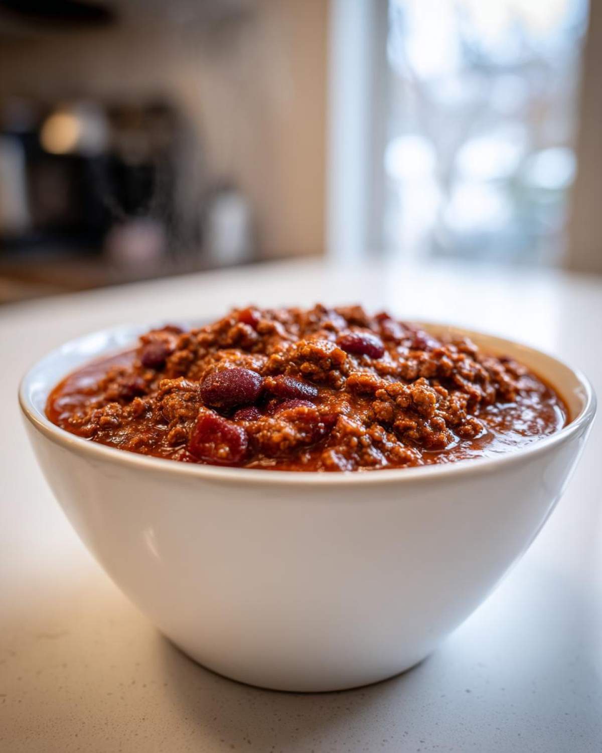 Close-up of a white bowl filled with rich, steaming crockpot chili featuring ground meat and kidney beans.