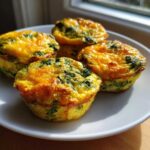 Four baked, golden-brown spinach and cheese egg bites served on a white plate.