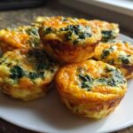 A plate of freshly baked, high-protein egg bites mixed with spinach and topped with melted cheese.