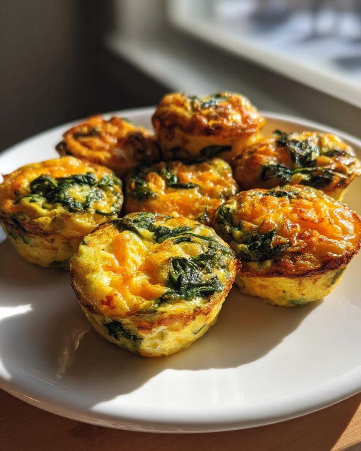 A plate of golden brown, baked egg bites filled with spinach and cheese, showcasing a high-protein egg recipe.