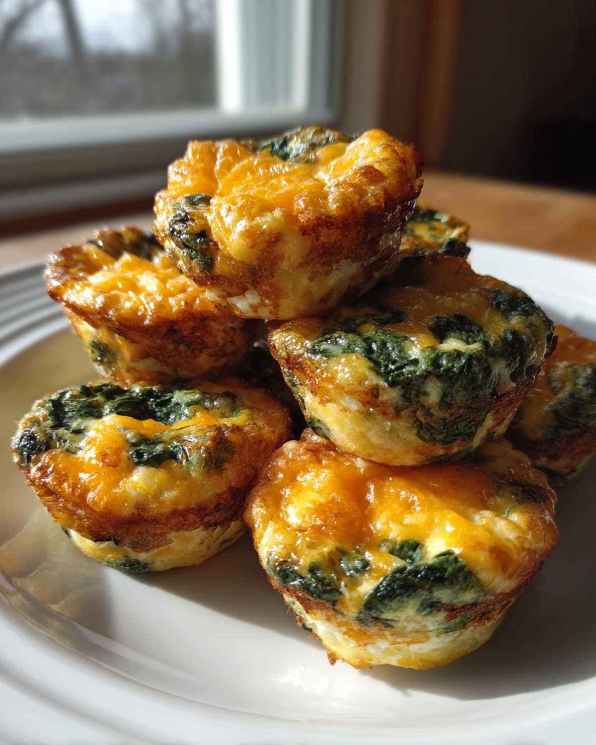 A stack of golden brown, high-protein egg bites filled with spinach and topped with melted cheese.