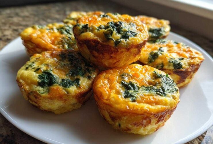 A plate of freshly baked, high-protein egg bites mixed with spinach and topped with melted cheese.