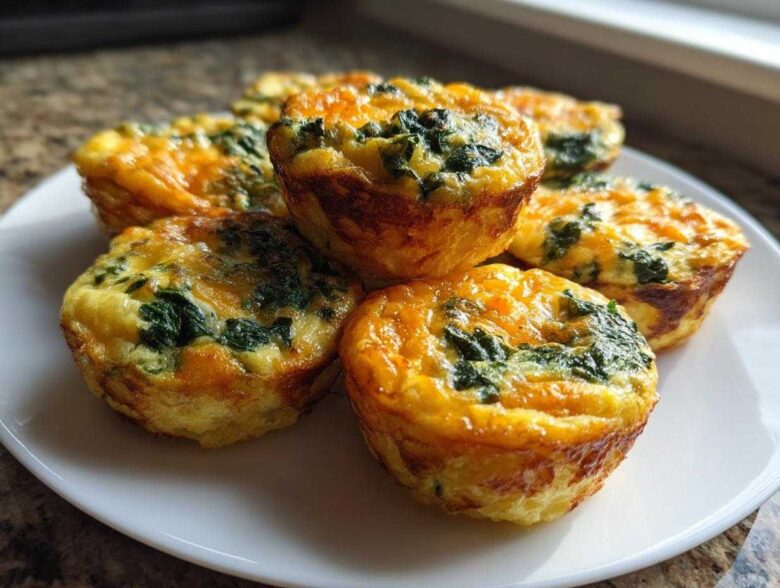 A plate of freshly baked, high-protein egg bites mixed with spinach and topped with melted cheese.