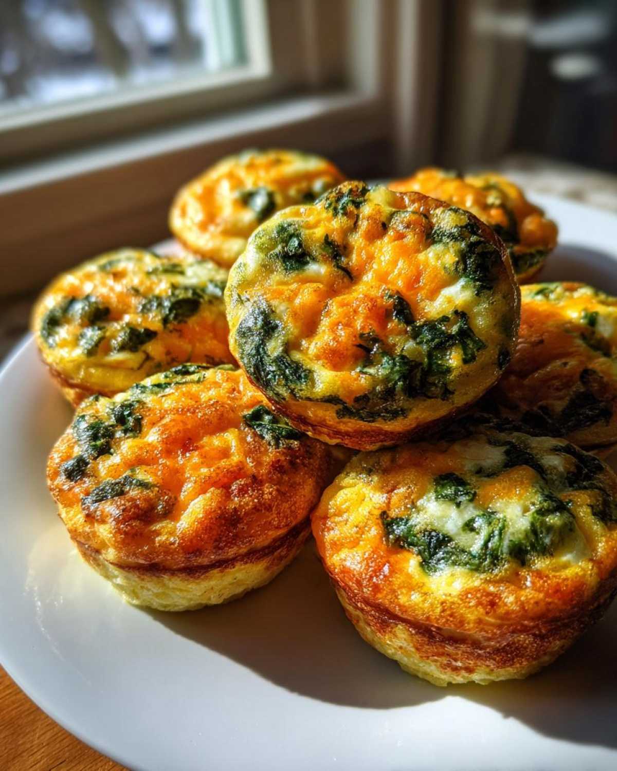 A pile of golden brown, baked egg bites mixed with spinach and cheddar cheese, sitting on a white plate.