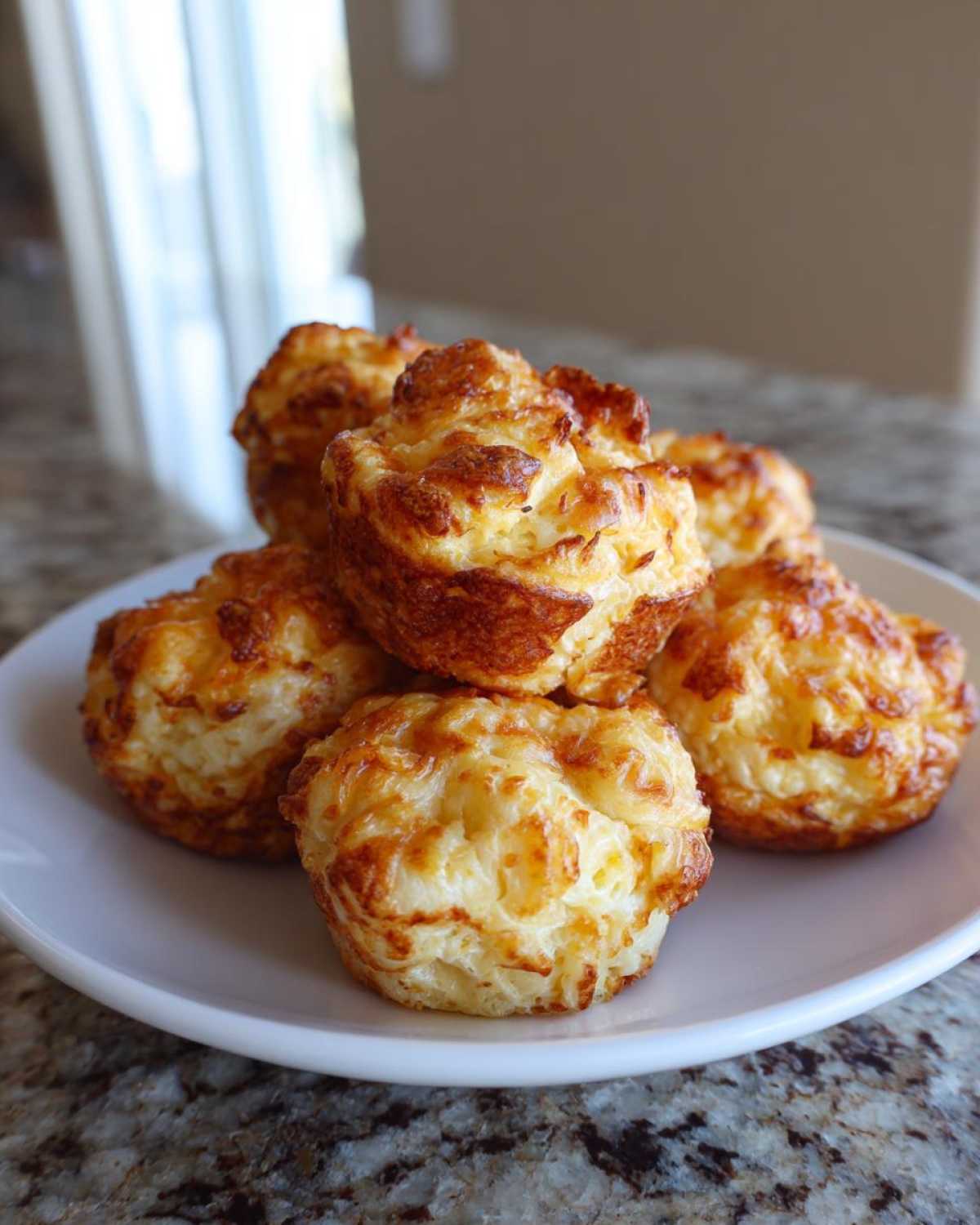 A stack of six golden brown, fluffy egg bites with a cheesy top, served on a white plate.