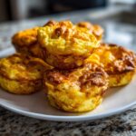 A stack of golden brown, baked egg bites resting on a white plate, ready to eat.