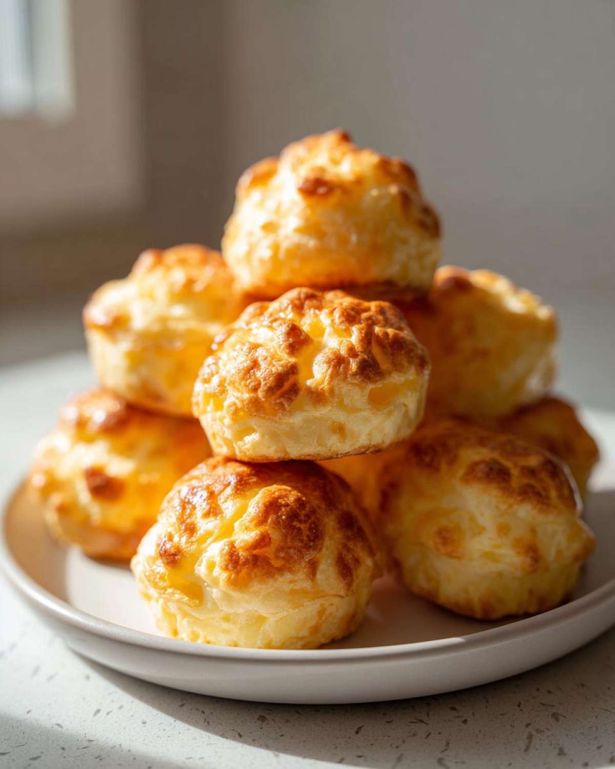 A stack of freshly baked, golden brown, fluffy egg bites piled high on a light-colored plate.