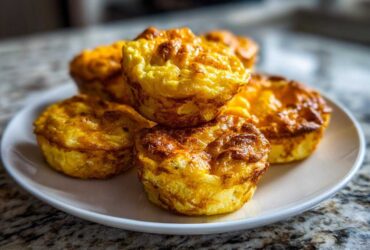 A stack of golden brown, baked egg bites resting on a white plate, ready to eat.