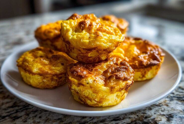 A stack of golden brown, baked egg bites resting on a white plate, ready to eat.