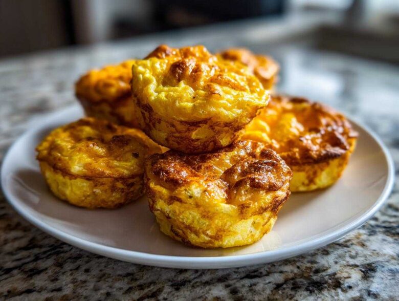 A stack of golden brown, baked egg bites resting on a white plate, ready to eat.