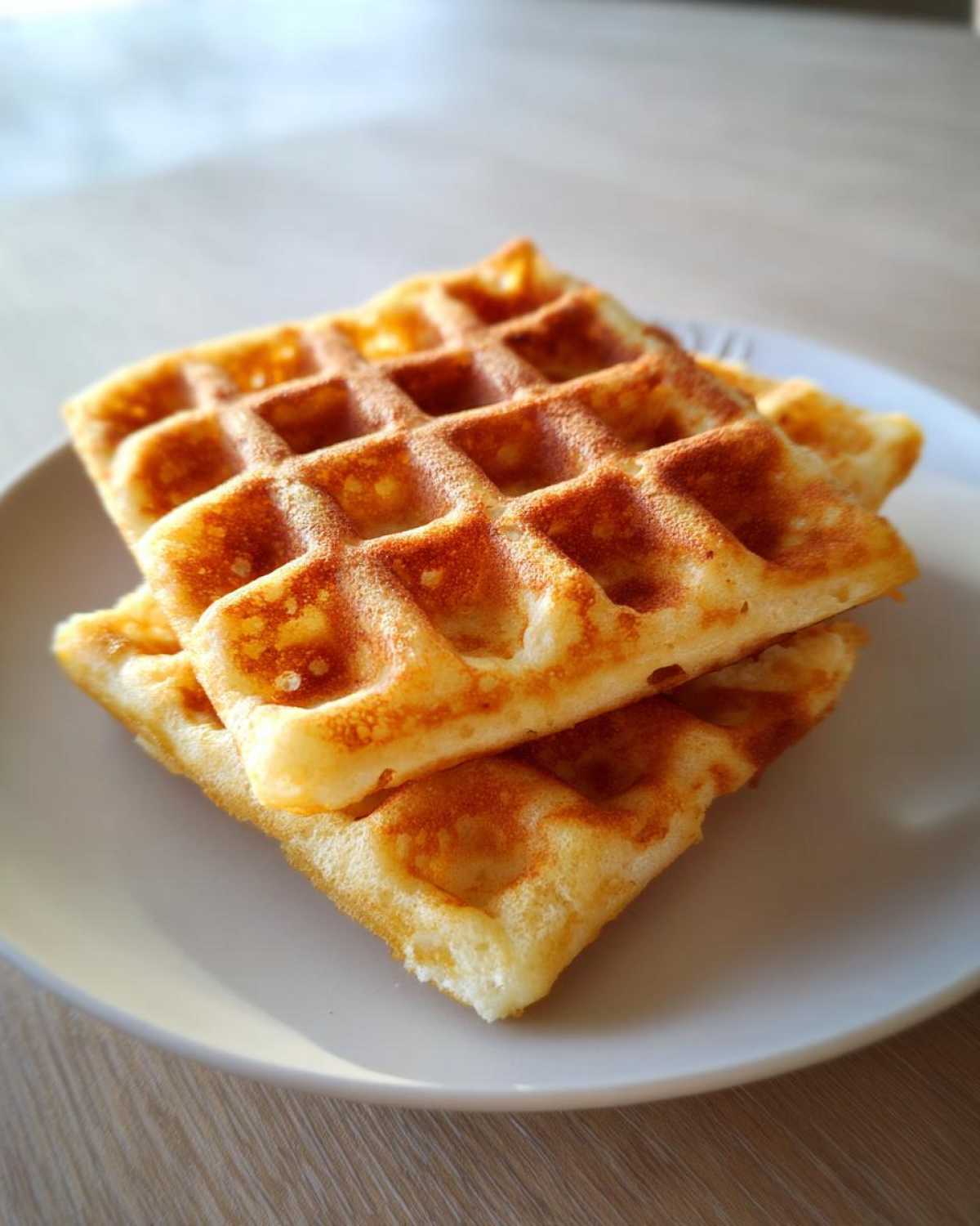 Close-up of two golden brown high protein waffles stacked on a white plate.