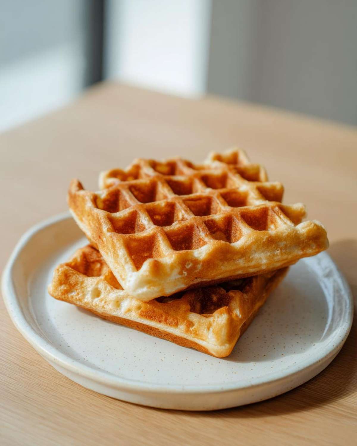 Two golden brown high protein waffles stacked on a speckled white plate on a wooden table.