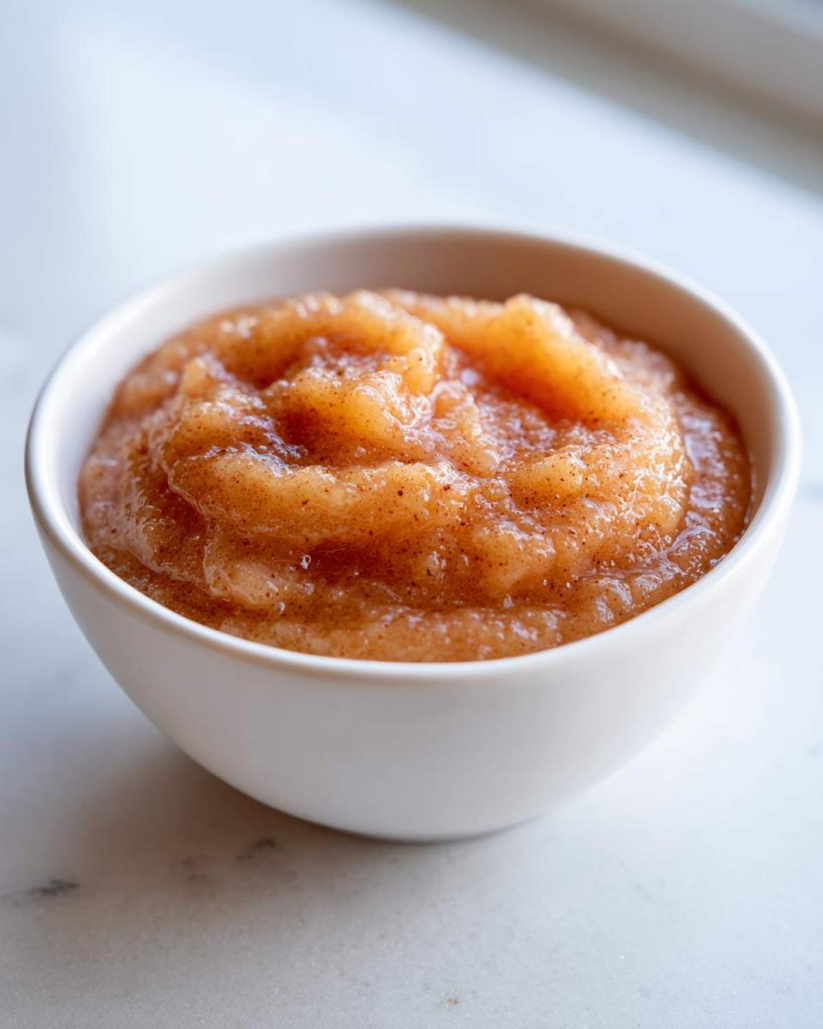 A close-up shot of chunky, cinnamon-spiced homemade applesauce served in a small white bowl.