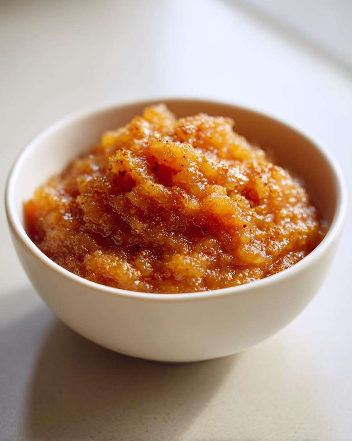 A close-up of chunky, spiced homemade applesauce served in a small white bowl.