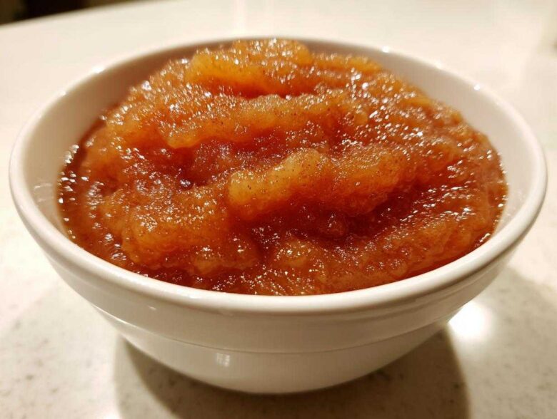 Close-up of chunky, spiced homemade applesauce served in a small white bowl.