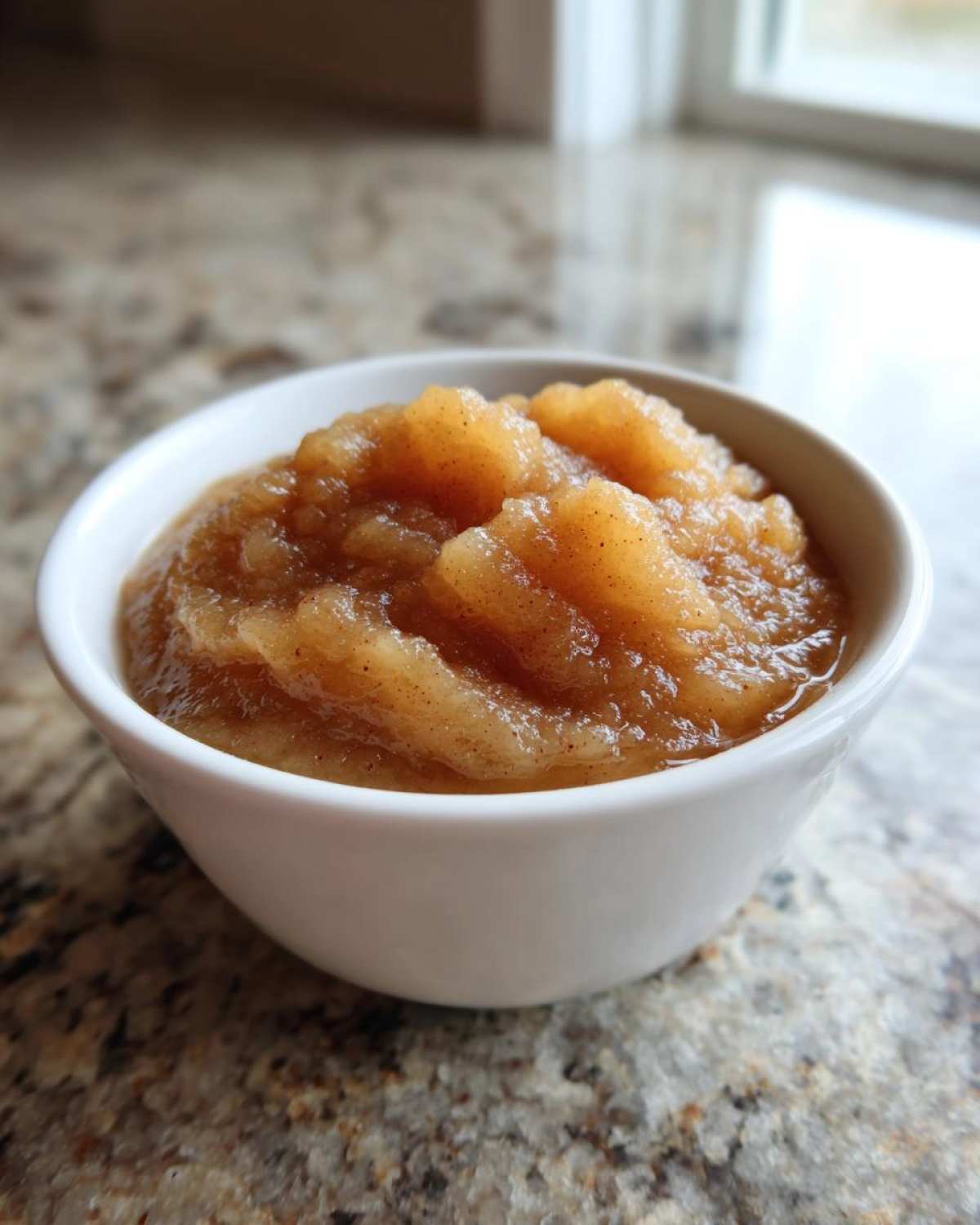 Close-up of chunky, homemade applesauce sprinkled with cinnamon served in a small white bowl on a granite countertop.