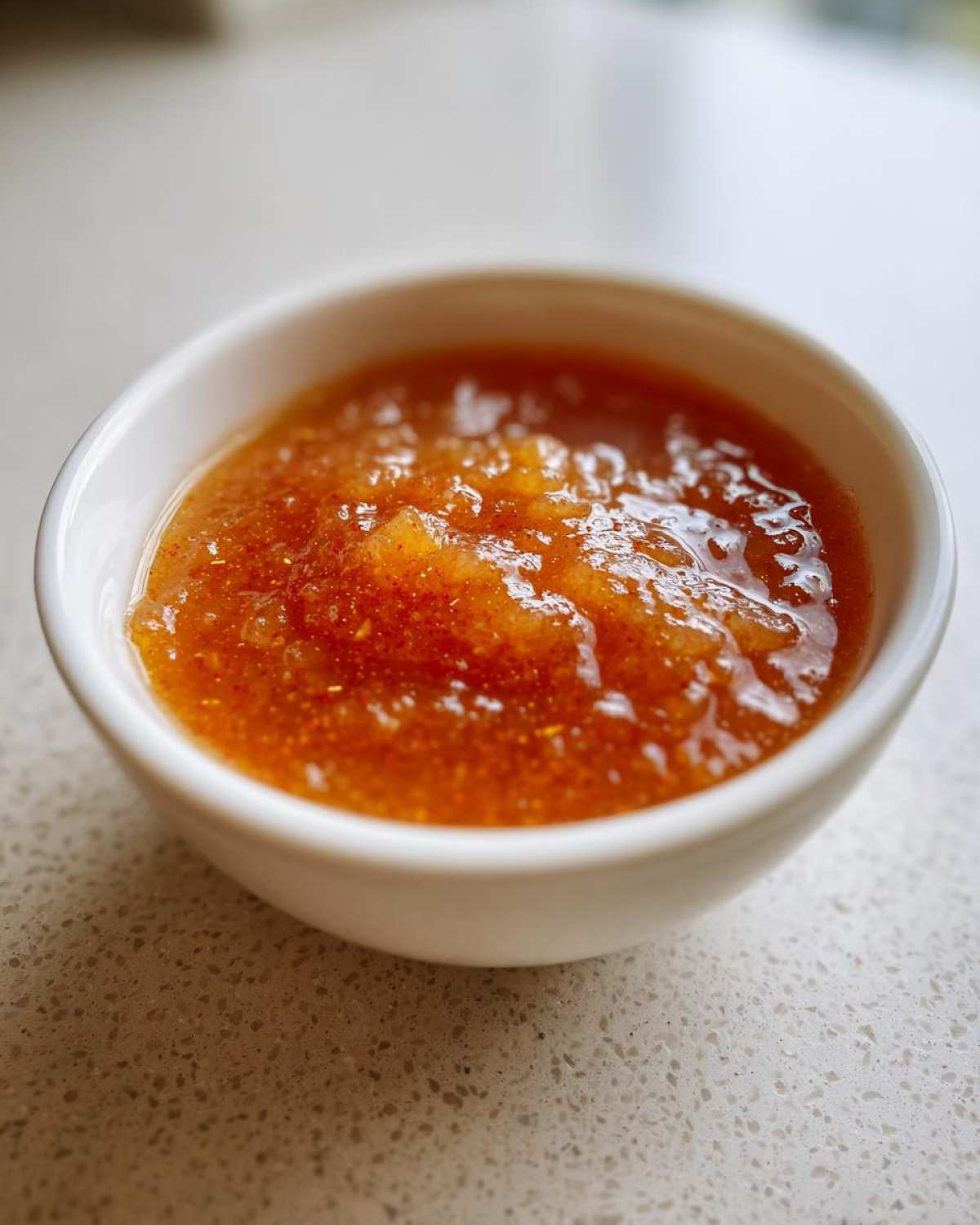 A close-up view of chunky, spiced homemade applesauce served in a small white bowl on a light countertop.