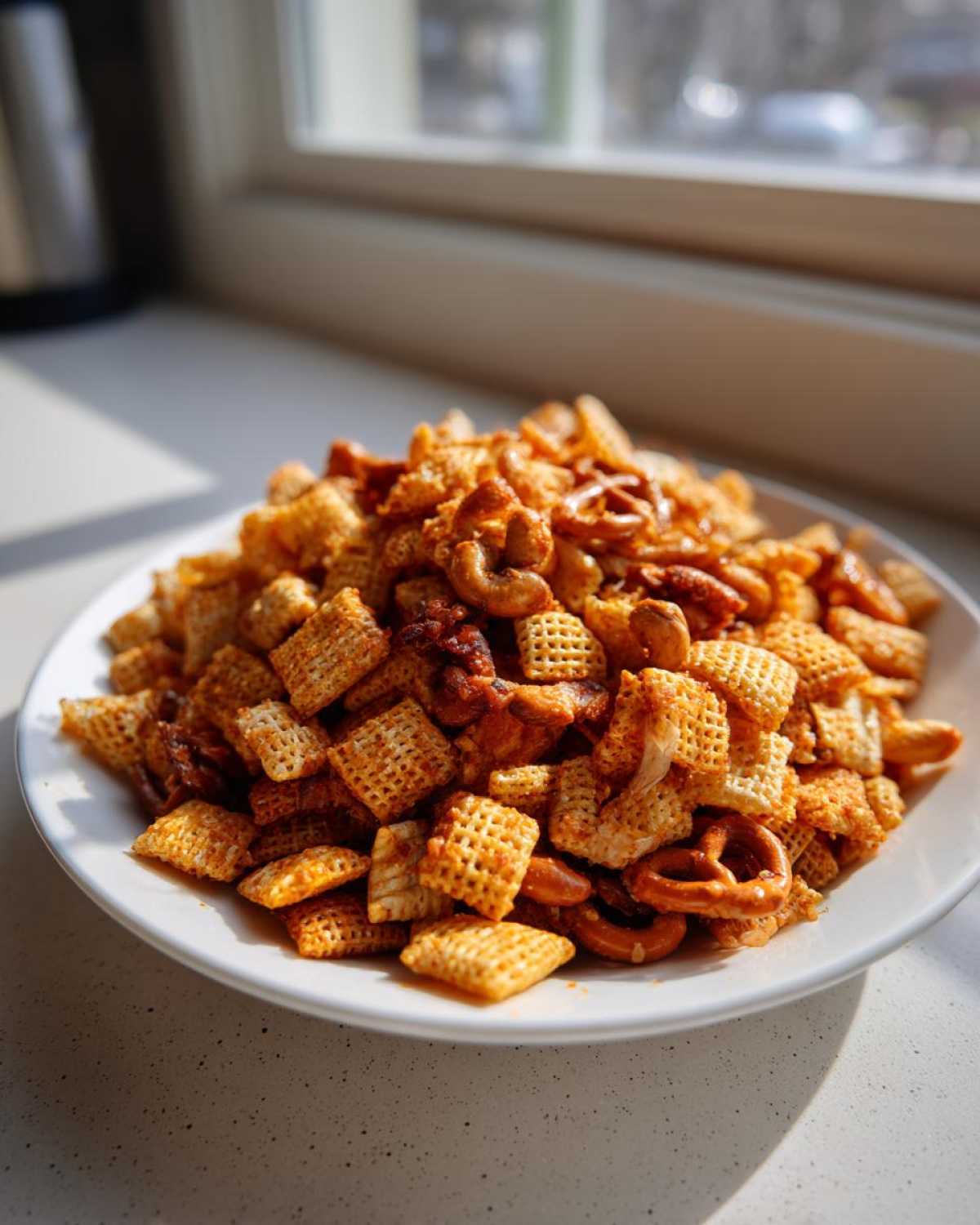 A large pile of savory, seasoned chex party mix featuring Chex cereal, pretzels, and cashews, served on a white plate.