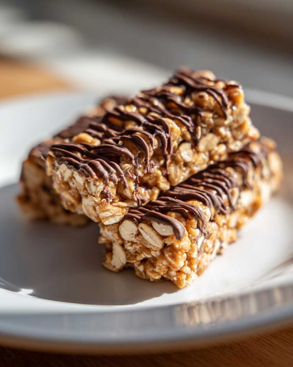 Close-up of two homemade protein bars made with oats and nuts, drizzled generously with dark chocolate.
