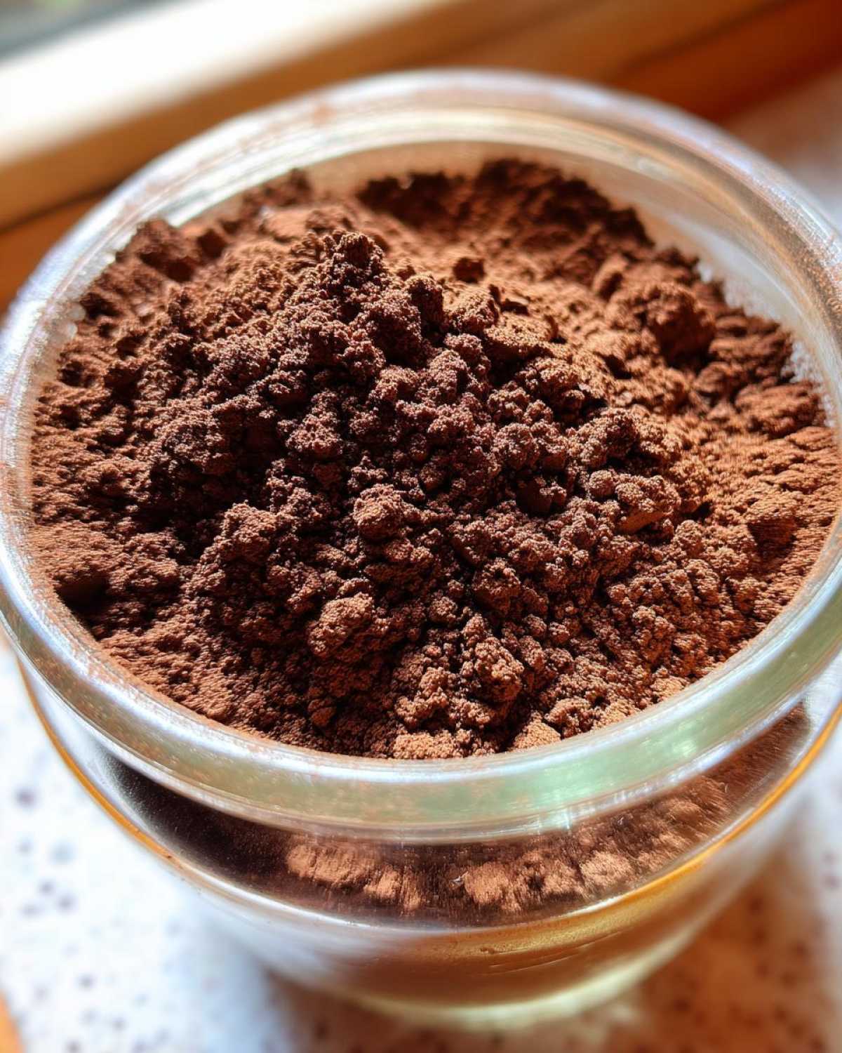 Close-up of rich, dark brown homemade hot cocoa mix powder mounded in a clear glass jar.