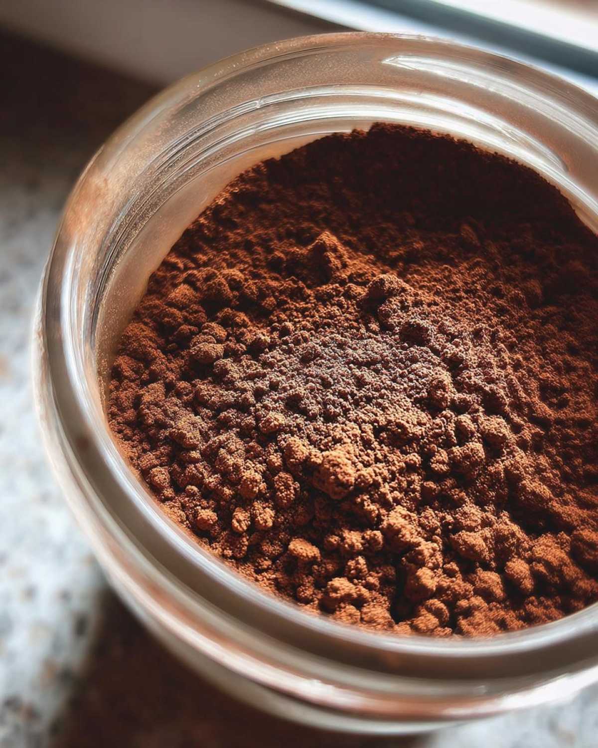 Overhead close-up of rich brown, slightly clumpy homemade hot cocoa mix powder stored in a clear glass jar.