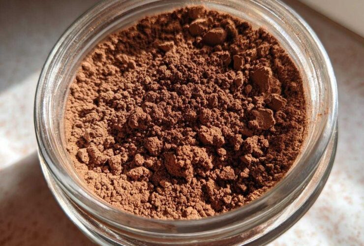 Close-up overhead view of rich brown homemade hot cocoa mix powder stored in a clear glass jar.