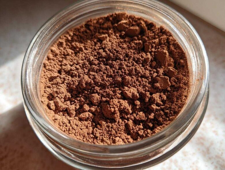 Close-up overhead view of rich brown homemade hot cocoa mix powder stored in a clear glass jar.