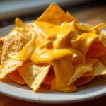 Close-up of tortilla chips smothered in thick, bright yellow homemade nacho cheese sauce.