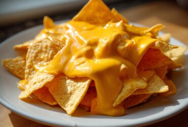 Close-up of tortilla chips smothered in thick, bright yellow homemade nacho cheese sauce.