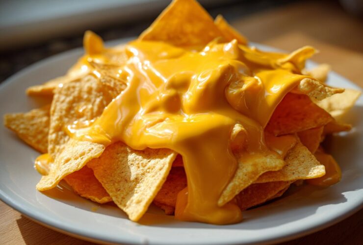 Close-up of tortilla chips smothered in thick, bright yellow homemade nacho cheese sauce.